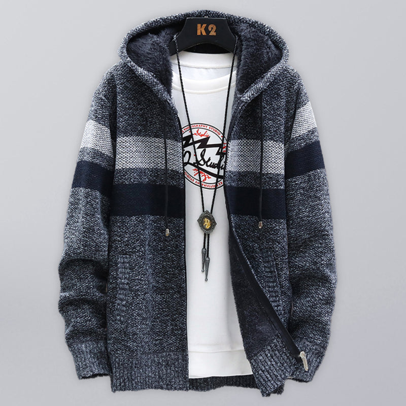 men's Fleece sweater cardigan Contrast color jacket youth slim fit trendy hooded jacket