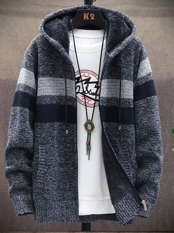 men's Fleece sweater cardigan Contrast color jacket youth slim fit trendy hooded jacket
