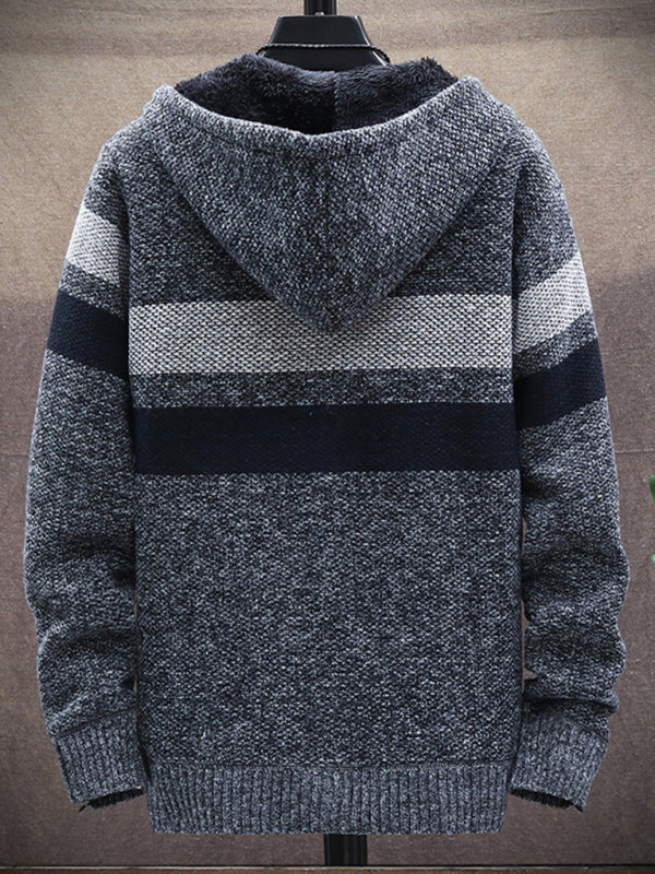 men's Fleece sweater cardigan Contrast color jacket youth slim fit trendy hooded jacket