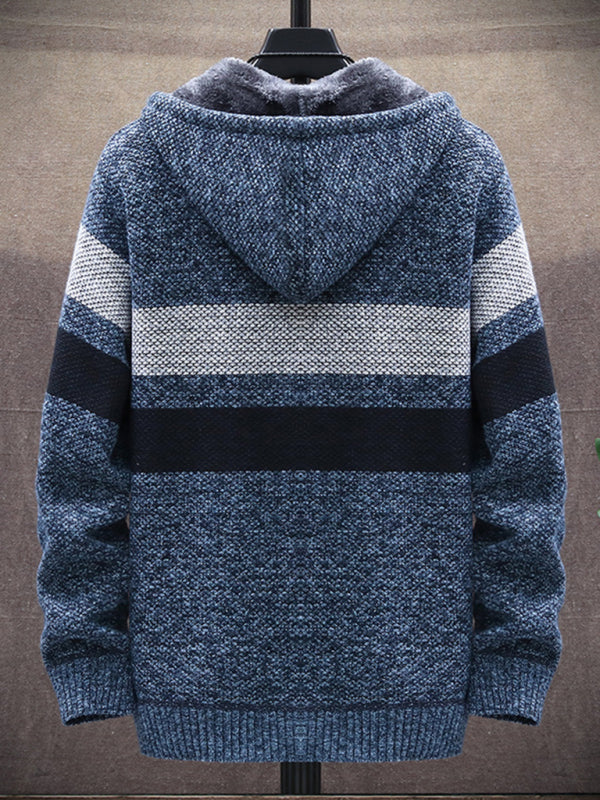 men's Fleece sweater cardigan Contrast color jacket youth slim fit trendy hooded jacket