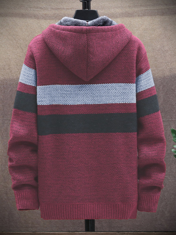 men's Fleece sweater cardigan Contrast color jacket youth slim fit trendy hooded jacket