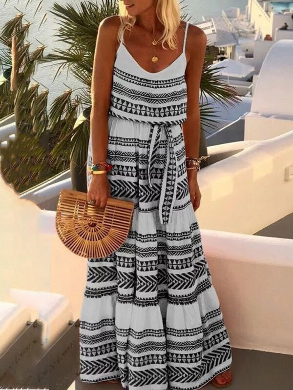 women's Bohemian style deep V-neck printed beach holiday style suspender dress