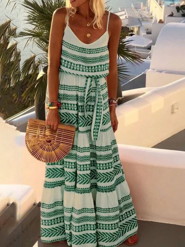 women's Bohemian style deep V-neck printed beach holiday style suspender dress