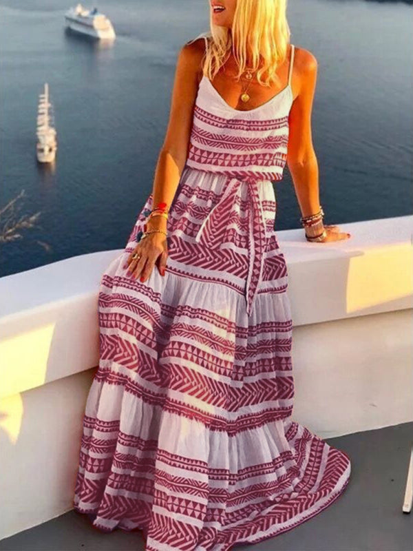 women's Bohemian style deep V-neck printed beach holiday style suspender dress