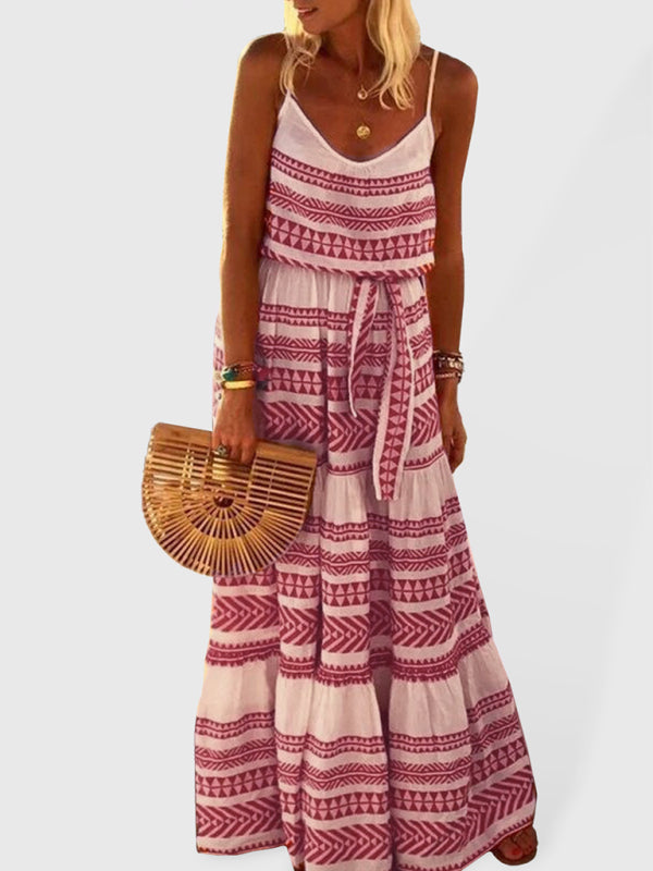 women's Bohemian style deep V-neck printed beach holiday style suspender dress