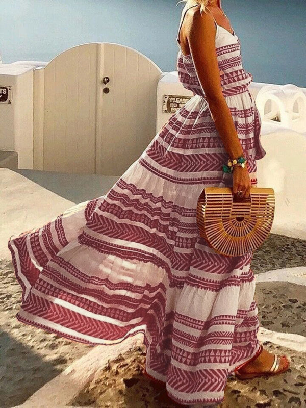 women's Bohemian style deep V-neck printed beach holiday style suspender dress