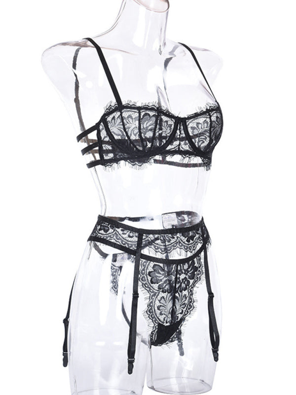 women's sexy sexy hollow suspender underwear three-piece suit