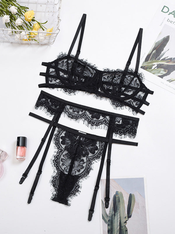 women's sexy sexy hollow suspender underwear three-piece suit