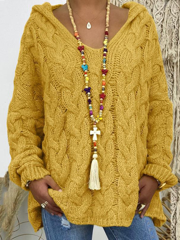 Women's long-sleeved hooded V-neck knitted loose pullover sweater (without necklace)