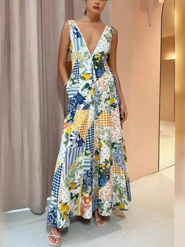 women's Casual printed women's sleeveless large V-neck swing dress