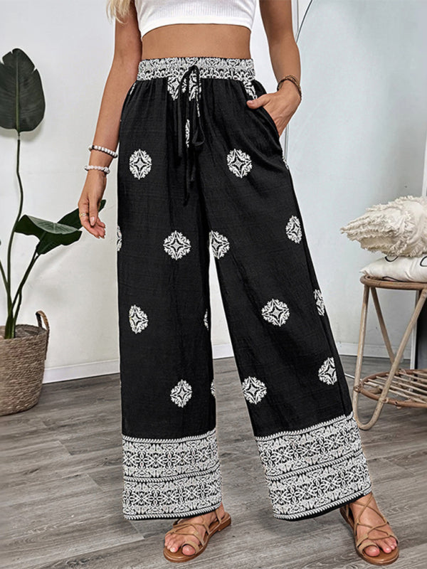 women's ethnic style printed straight trousers elastic waist drawstring casual comfortable straight trousers