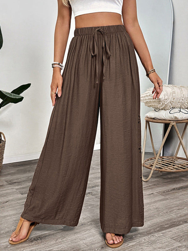 women's Simple style lace-up embroidered solid color loose wide-leg pants