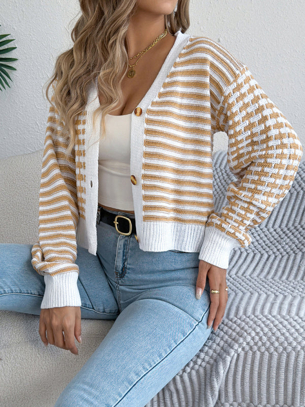 Contrast Stripe Lantern Long Sleeve Cardigan Sweater