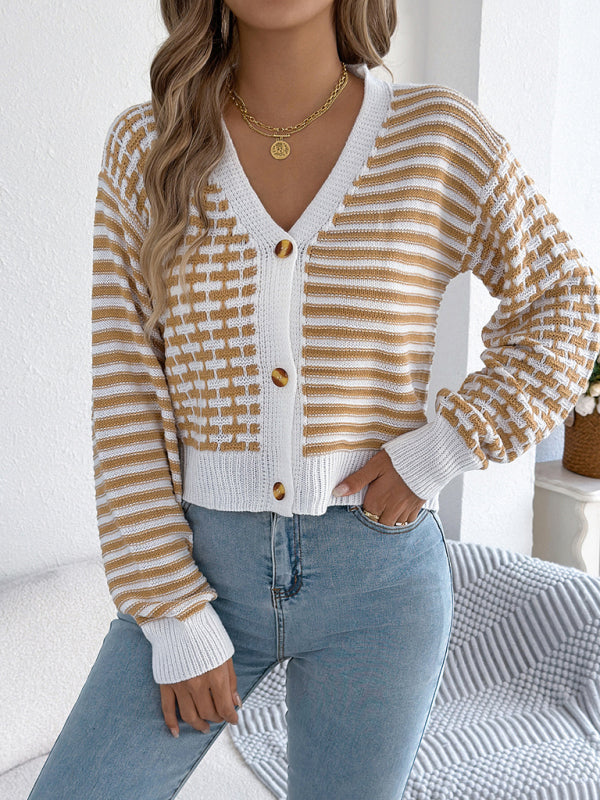 Contrast Stripe Lantern Long Sleeve Cardigan Sweater