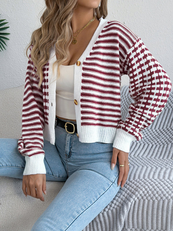 Contrast Stripe Lantern Long Sleeve Cardigan Sweater
