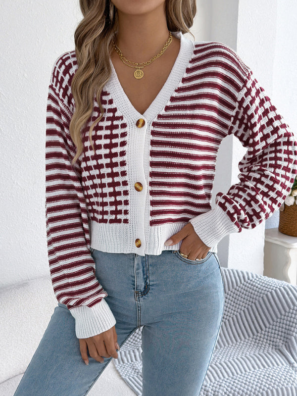 Contrast Stripe Lantern Long Sleeve Cardigan Sweater